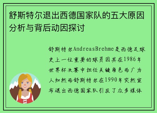 舒斯特尔退出西德国家队的五大原因分析与背后动因探讨 舒斯特尔退出西德国家队的五大原因分析与背后动因探讨